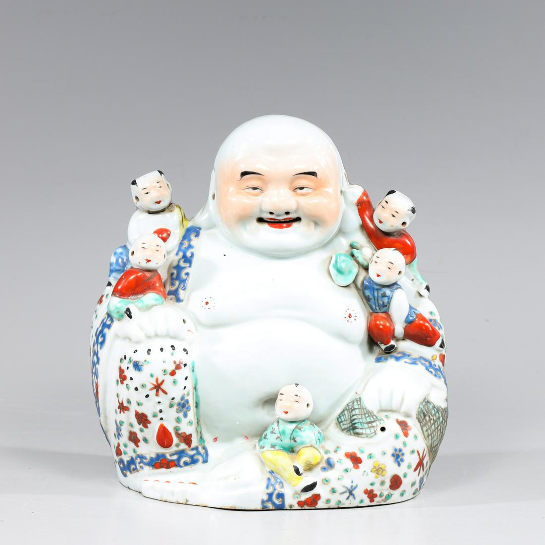 Antique Chinese Porcelain Seated Buddhi w/ Children: Antique Chinese porcelain seated figure of Buddhi surrounded by five children, the robes allover decorated with floral designs, the base with impressed mark, accompanied with a certificate; as-is cond