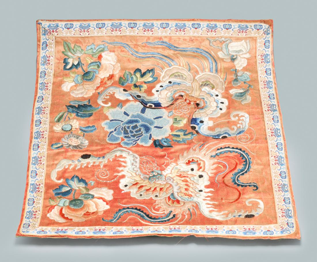 Antique Chinese Embroidered Cloth: Antique Chinese embroidered cloth with flowers and insects; good vintage condition, some fading and small holes; 11 1/2" x 10 1/2" (approx.)