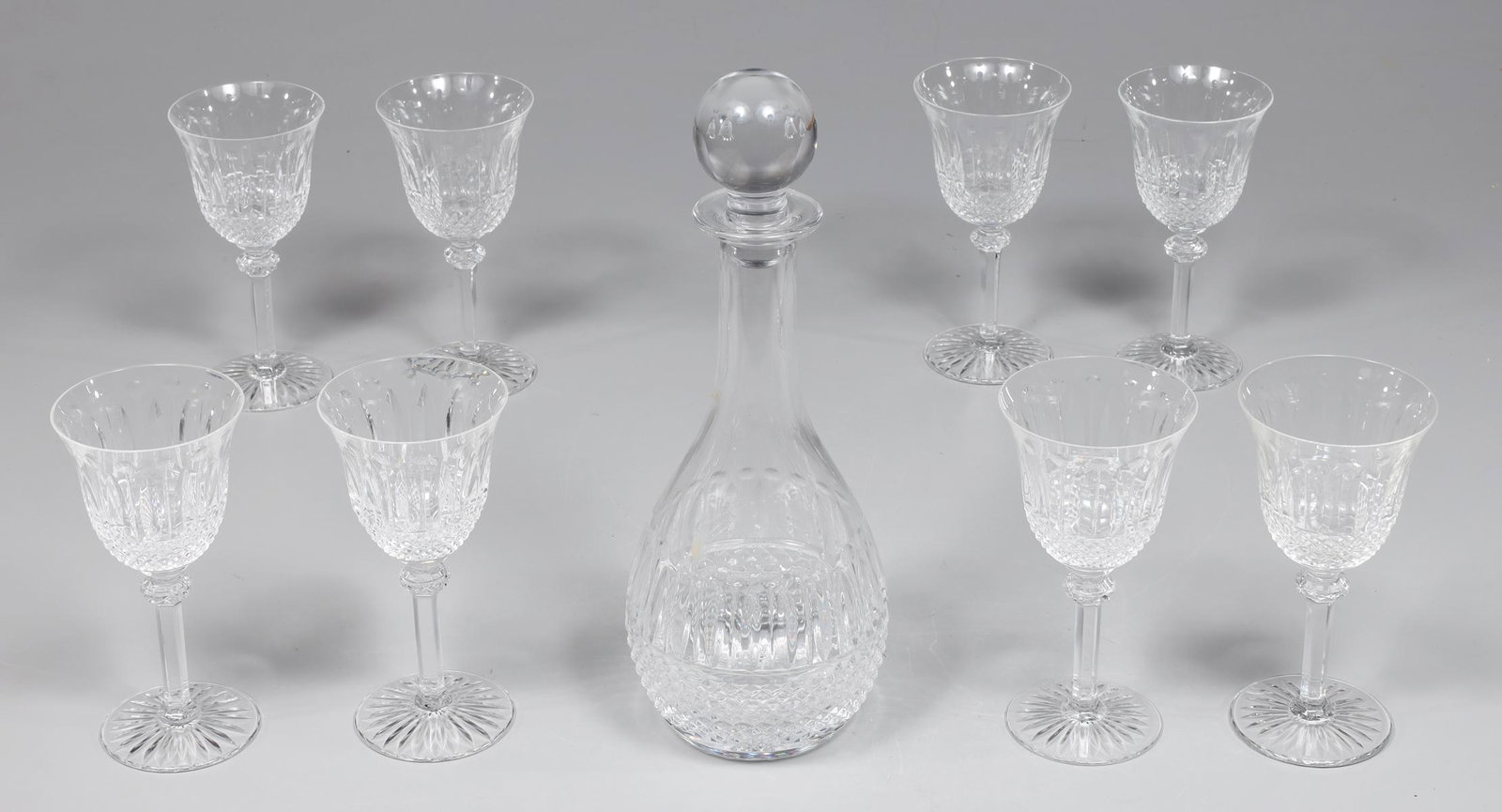 Group of Twelve Fine Crystal, Saint Louis, Tommy: Group of twelve fine crystal stemware, decanter, and stoppers; Qty. 9 marked St. Louis crystal "Tommy" wine glasses, 4 with clear marks, 5 marks unclear: chips on rims of two glasses, overall good con