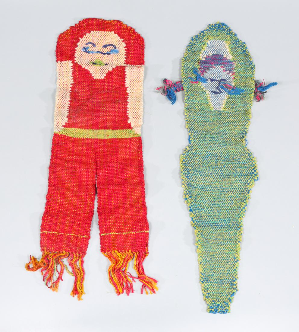 Pair Mid Century Figural Wool Wall Hangings: Pair mid century hand crafted figural wool wall hanging dÃ©cor; overall excellent condition, some age wear, minimal to no loss, surface wear; largest L 30" (Approx.)