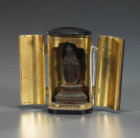 Antique Japanese Traveling Shrine: Antique Japanese Traveling Shrine Antique Japanese lacquer traveling shrine; Edo period, 19th Century: with black exterior and gilt interior (some wear and small chips); and with carved wood standing 