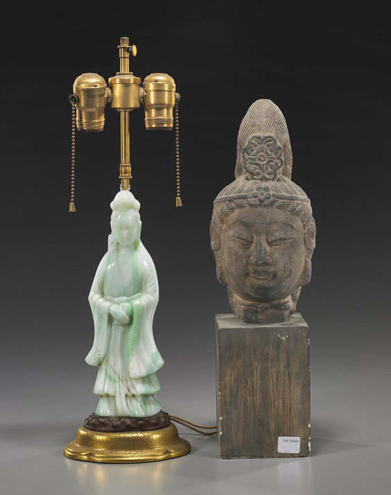 Antique Chinese Beijing Glass Guanyin: Antique Chinese Beijing glass figure of Guanyin , imitating moss and snow jadeite, late 19th Century (repaired, now mounted as lamp);