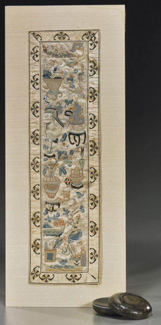 Antique Embroidered Panel & Ink Box: Antique Embroidered Panel & Ink Box Antique Chinese "forbidden" and satin stitch silk panel, with flowering precious vessels and Buddhist emblems (minor wear); together with a somewhat archaistic ink 