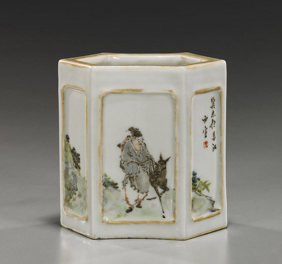 Chinese Hexagonal Porcelain Brushpot: Chinese Hexagonal Porcelain Brushpot Chinese enameled porcelain brushpot: of unusual elongated hexagonal form and with designs of a sage riding a donkey in landscape; and with figures in a landscape, 
