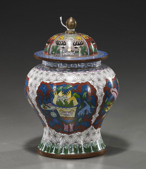 Chinese Cloisonné Enamel Ginger Jar: Chinese Cloisonné Enamel Ginger JarUnusual Chinese cloisonné enamel ginger jar and cover; with panels of precious vessels designs, mask motifs to the cover, cloisonné seal mark; H: 11 1/2"