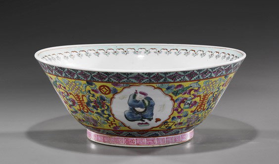 Large Chinese Famille Rose Bowl: Large Chinese Famille Rose Bowl Very large, Chinese early 20th Century porcelain bowl: the Famille Rose exterior with quatrefoil figural panels, florals and Buddhist motifs, seal mark (some wear); D: 