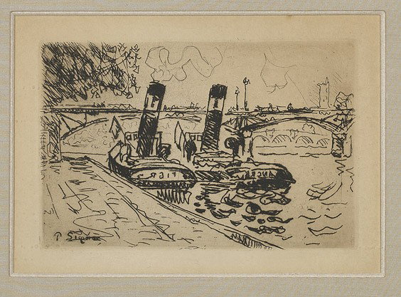 Signed French Etching by Paul Signac: Signed French Etching by Paul Signac Signed French etching, "Bateaux Sur La Seine" by Paul Signac (1863 - 1935); depicting two ships near the bank of the Seine river, signed in plate, (toned); 6 1/2" 