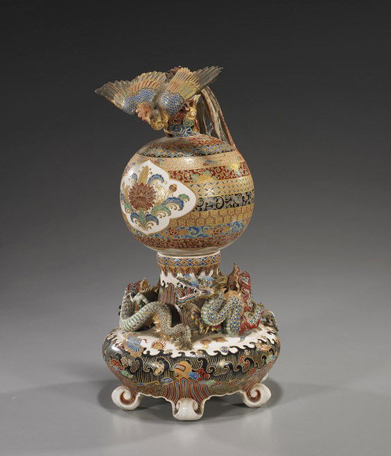 Antique Japanese Satsuma Antique Censer/Lamp: Antique Japanese Satsuma Antique Censer/LampUnusual and tall, antique Japanese Satsuma lamp-from censer; with allover floral motifs, moulded dragon to the base and phoenix finial to the cover (chips),