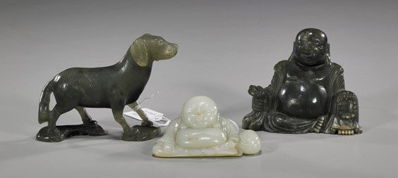 Three Various Chinese Carvings: Three Various Chinese Carvings Group of three various Chinese carvings, including: antique celadon jade seated Budai; antique green soapstone seated Budai; and unusual soapstone or bowenite standing h