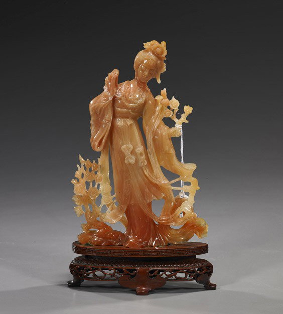 Tall Chinese Carved Agate Beauty: Tall Chinese Carved Agate Beauty Tall Chinese carved brownish carnelian agate (sard) standing beauty; wearing long flowing robes with flowers in her hair and with openwork flowers all around (repair t
