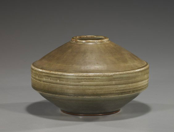 Swedish Ceramic Jar by Rorstrand: Swedish Ceramic Jar by RorstrandSwedish Ceramic jar by Rorstrand; circular form tapering to the foot and rim, greenish grey glaze, incised verso with Rorstrand mark, artists signature, dated 58, and "