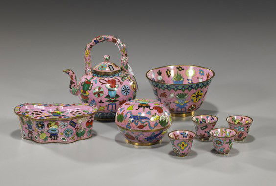 Chinese Cloisonné Enamel Serving Set: Chinese Cloisonné Enamel Serving SetSet of old Chinese cloisonné enamel; each with designs of precious objects on an unusual pink ground, including: wine pot, bowl, 4 wine cups, covered box and tea