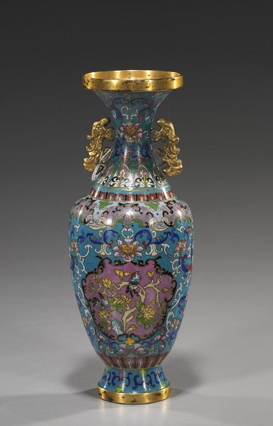 Chinese Cloisonné Enamel Vase: Chinese Cloisonné Enamel Vase Chinese, Qianlong-style cloisonné enamel vase; baluster form with allover Buddhist floral designs and panels featuring birds among flowering plants, openwork handles; H