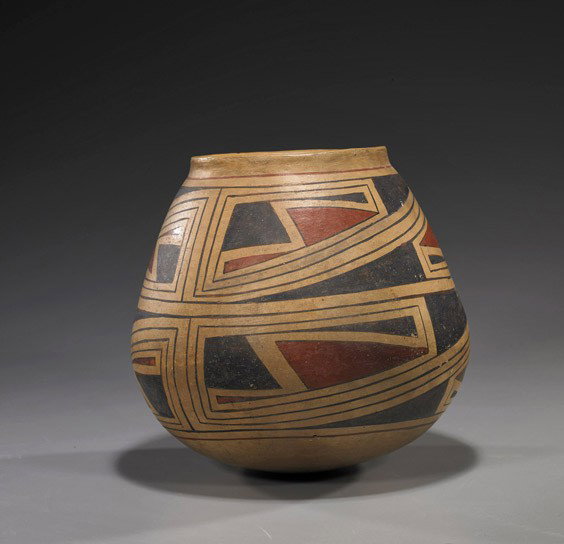 Ancient Southwest Pottery (Olla) Jar: Ancient Southwest Pottery (Olla) Jar Very elaborately decorated, ancient Southwest painted pottery olla from Casas Grandes, New Mexico; with allover geometric motifs in red and black (restored) [Circa