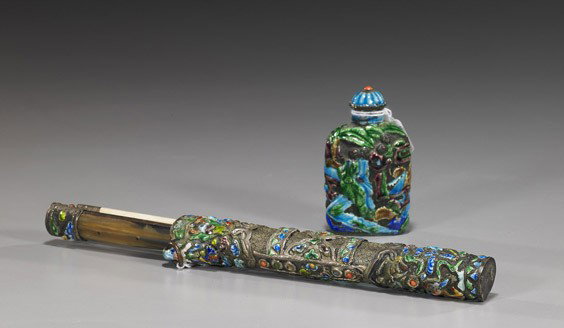 Two Antique Chinese Enameled Items: Two Antique Chinese Enameled Items Two Antique Chinese enameled items: snuff bottle of rounded rectangular form and with figural designs; together with a eating utensil set with bone chopsticks and da