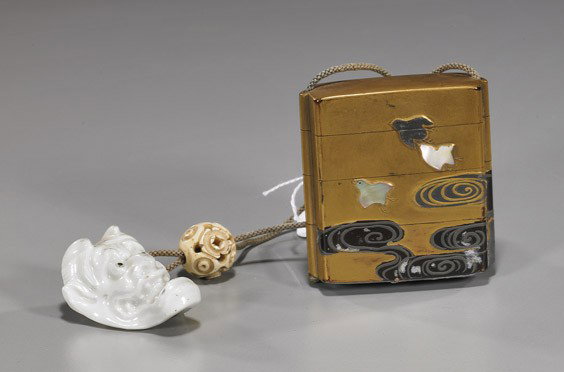 Antique Japanese Lacquer Inro Suite: Antique Japanese Lacquer Inro Suite Antique Japanese laquer inro suite: including a lacquer 3-case inro with design of mother-of-pearl birds among clouds; carved bone ojime bead; and porcelain mask ne