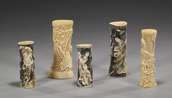 Group of Five Carved Bone Vases: Group of Five Carved Bone VasesGroup of 5 fully openwork carved and reticulated bone vases: 2 with floral designs and 3 with polychromed and scrimmed designs of beauties, each signed; H: 6" (tallest)