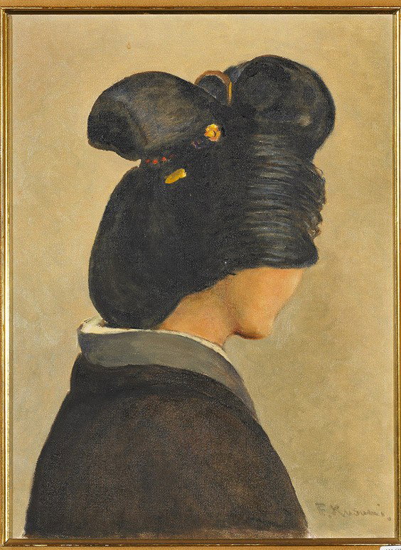 Oil Painting by F. Kusumi: Oil Painting by F. Kusumi Framed oil on canvas painting by F. Kusumi; depicting the bust of a Japanese woman as seen from the back and showing her hair pulled up in traditional style, signed lower rig