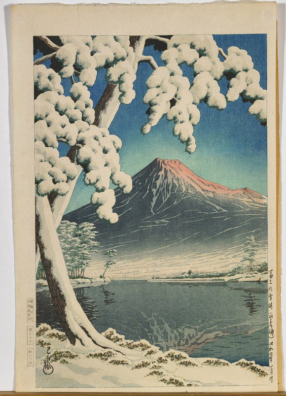 Two Japanese Woodblock Prints by Hasui: Two Japanese Woodblock Prints by Hasui Two colorful Japanese woodblock prints by Kawase Hasui (1883-1957): one depicting a figure walking down a road in a forest; the other of a snowy landscape with F