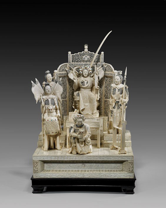 MASSIVE SECTIONAL IVORY COURT SCENE: MASSIVE SECTIONAL IVORY COURT SCENEMassive Chinese sectional carved ivory court scene; depicting an Empress with three armored attendants, one playing drums, and a fourth official giving a blessing, a