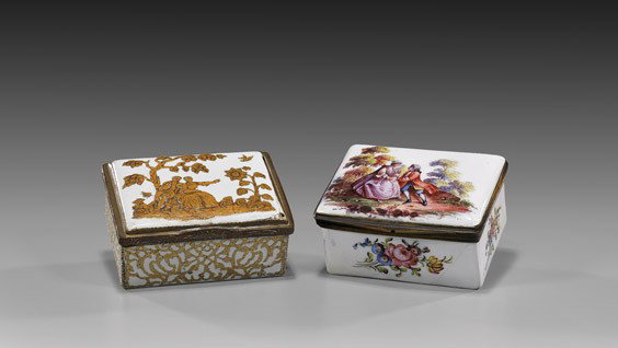 TWO ANTIQUE ENAMEL ON COPPER BOXES: TWO ANTIQUE ENAMEL ON COPPER BOXES Two charming and antique, enamel on copper boxes, both of rectangular form; each with pastoral scene of a couple to the cover: one with gilt tracery; the other with 
