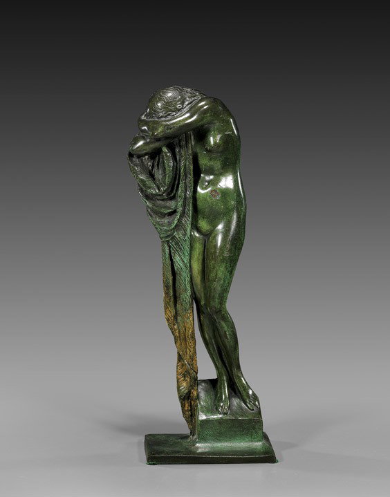 ART DECO BRONZE NUDE BEAUTY: Korbel: ART DECO BRONZE NUDE BEAUTY: KorbelGreen patinated Art Deco bronze figure by Mario Joseph Korbel (Czech/American, 1892-1954): the female nude with arms folded and leaning into drapery; signed, dated 1