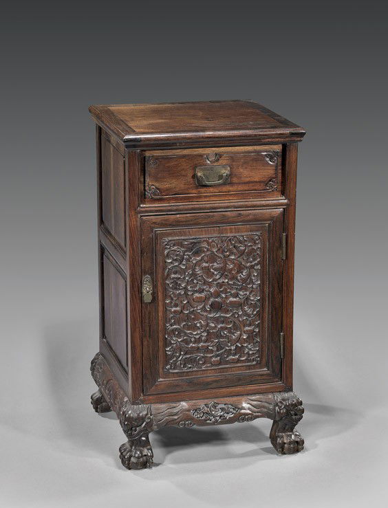 ANTIQUE CHINESE HARDWOOD CABINET: ANTIQUE CHINESE HARDWOOD CABINETUnusual, antique Chinese hardwood side table cabinet/pedestal; the heavily carved front door with design of scrolling foliage and gourds, beneath a single drawer above,