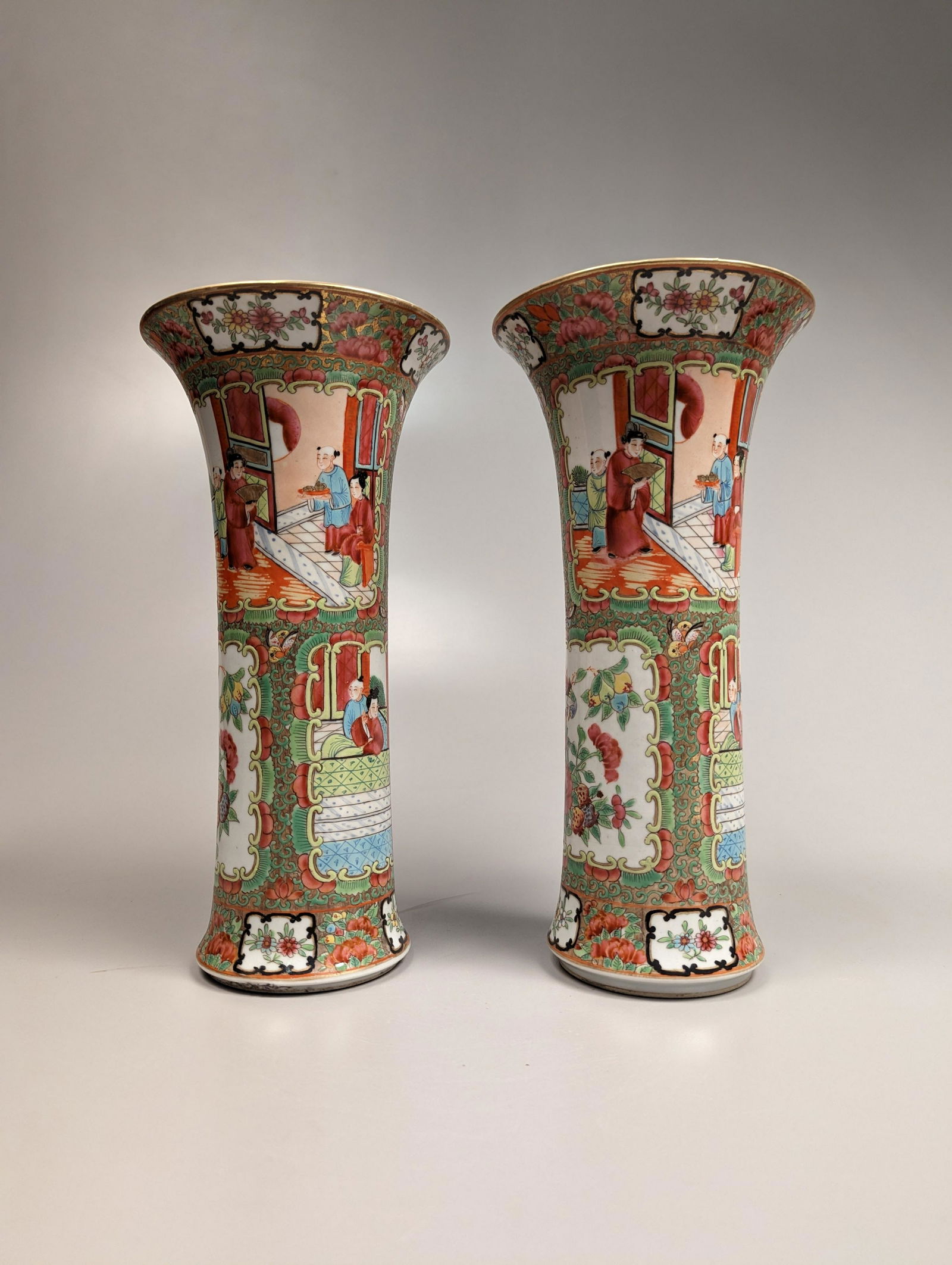 Pair Rose Medallion Enameled Beaker Vases (1 of 3)