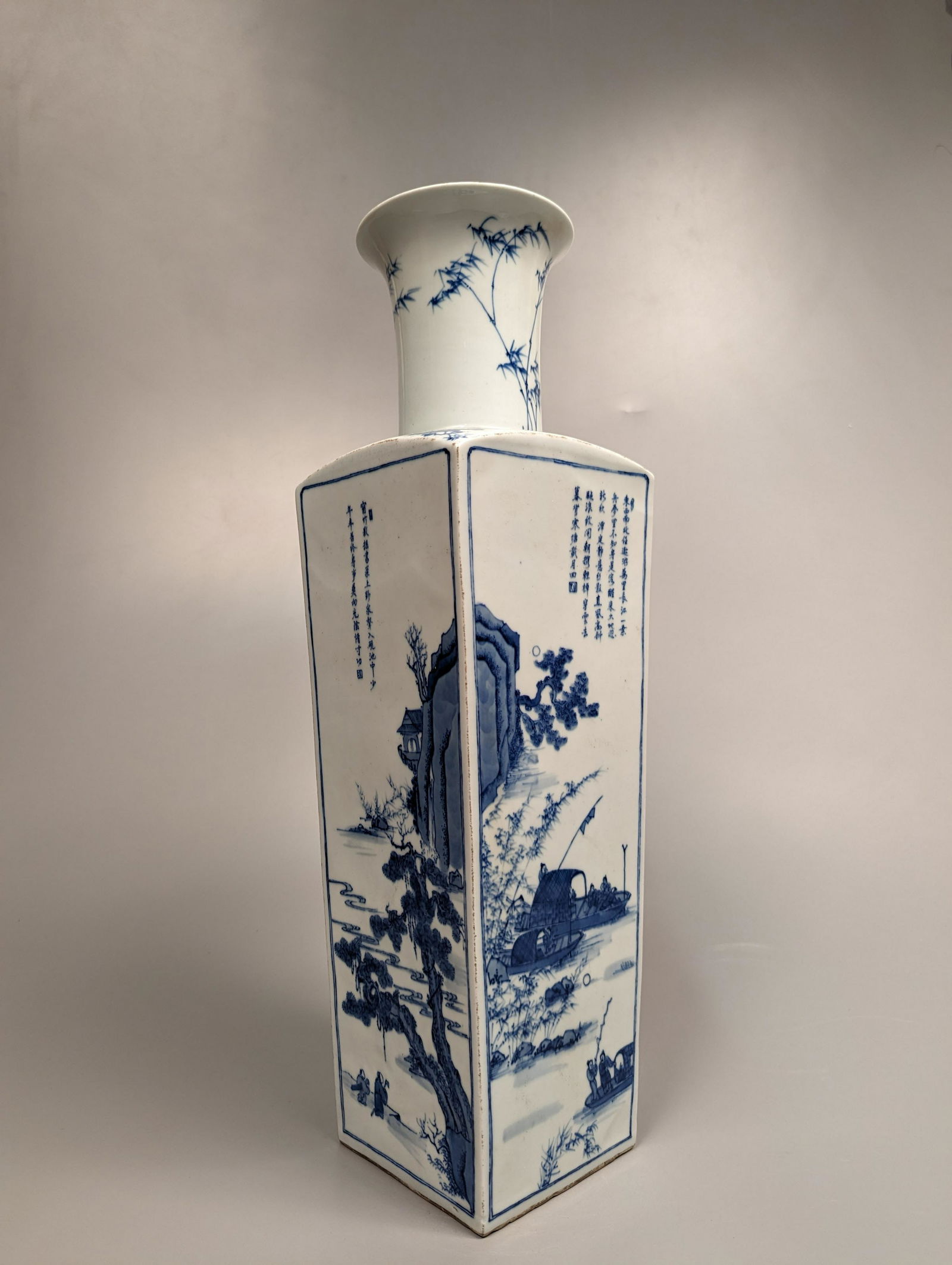 Tall Kangxi-Style Blue and White Porcelain Squared  Vase (1 of 3)