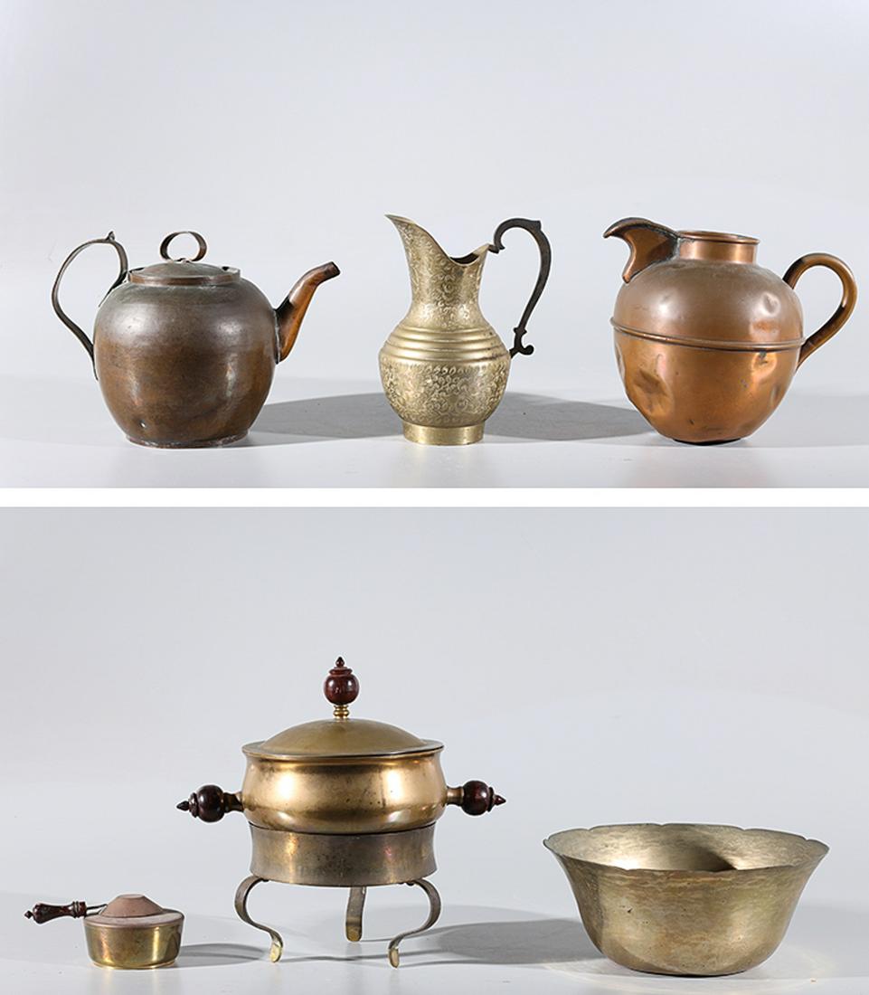 Group of Indian Brass Kitchenware: Group of Indian brass kitchenware including bowl, pot, two pitchers and one teapot; pitting, dents and minor flaws; pot in stand H 11" x W 12"