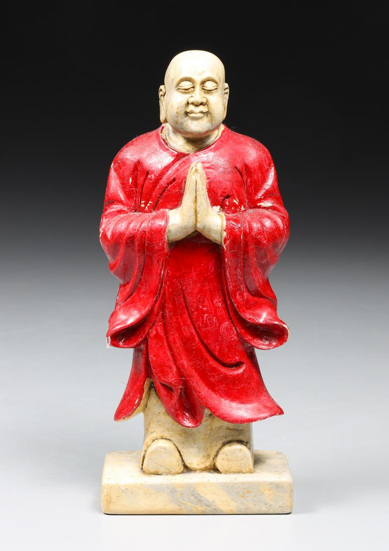 Chinese Hand Carved Marble Monk: Chinese hand carved marble monk figure, hand painted; some surface soiling, minor paint loss, age wear; L 3 1/2" W 2" H 8" (Approx.)