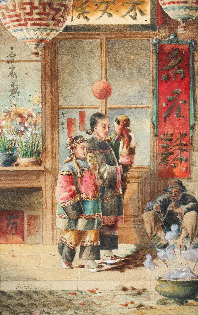 Robert Frederick Blum (American, 1857-1903): Watercolor Robert Frederick Blum (American, 1857-1903) Chinatown Scene, signed at lower left corner, framed; overall good condition, age wear, surface wear, surface soiling; sight L 7 1/2" H 12" (Appr