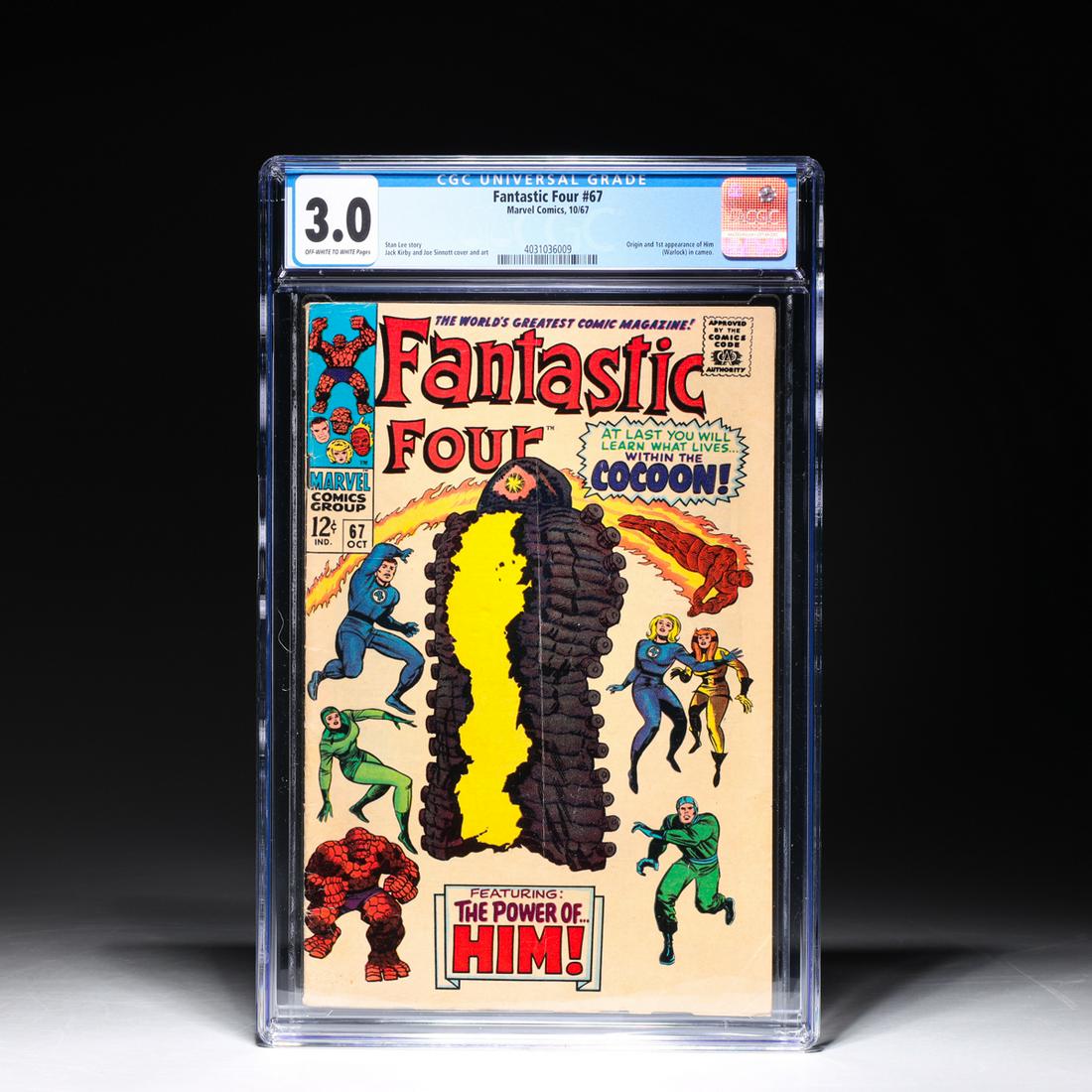 Marvel Comics Fantastic Four #67: Marvel Comics Fantastic Four #67 (Featuring: The Power of HIM!) October 1967, CGC Universal Grade 3.0, in lucite case and plastic sleeve; overall good condition, age wear, surface wear; with case L 8"