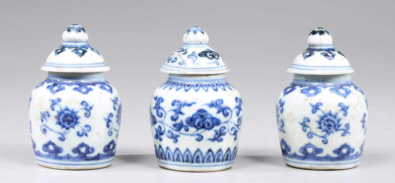 Three Miniature Blue & White Covered Jarlettes (1 of 5)