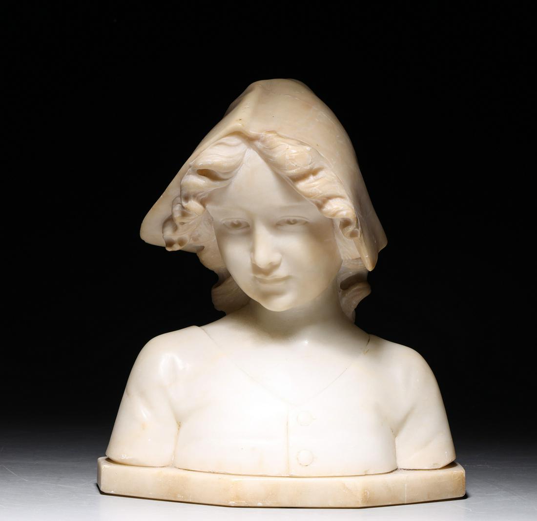 A. Gemmay (Italian, 20th Century) Marble Bust: A. Gemmay (Italian, 20th century) marble bust of young girl in bonnet, signed on base; overall good condition, age wear, surface wear, surface soiling; H 10" (Approx.) Provenance: The Stone Collection