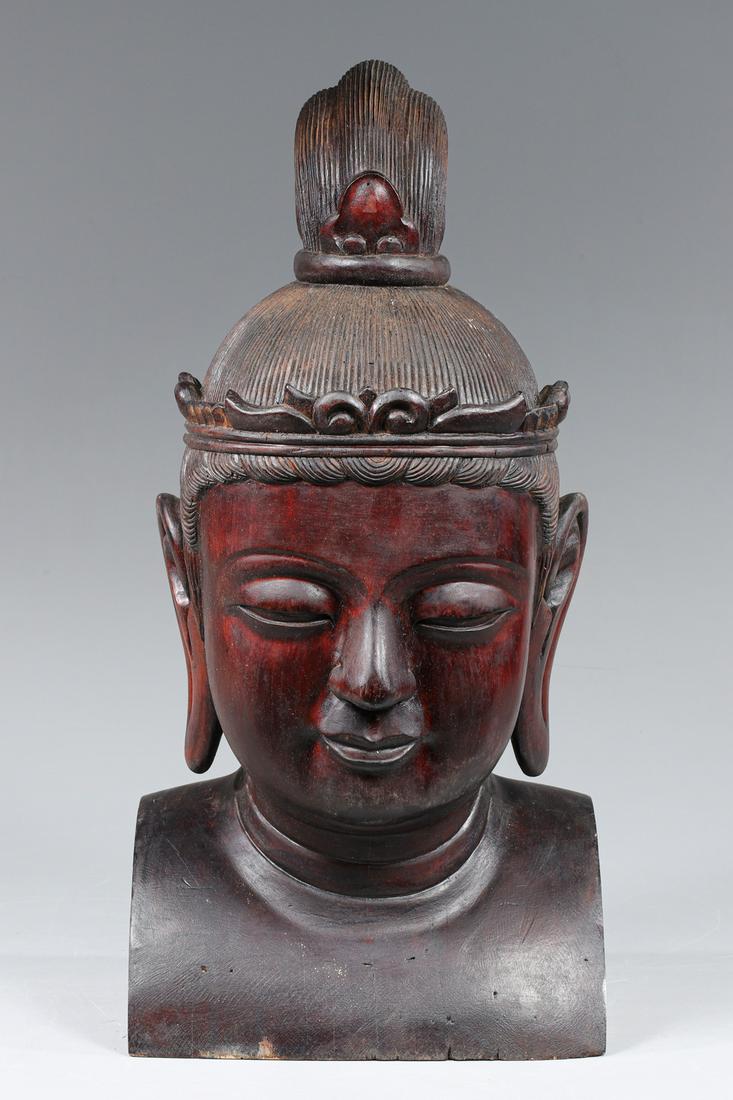 Vintage Korean Carved Bust: Vintage Korean carved wood bust in mahogany finish; overall good condition, split on verso, flaws, age wear, surface wear, surface soiling; L 8 1/2" H 17 1/2" (Approx.)