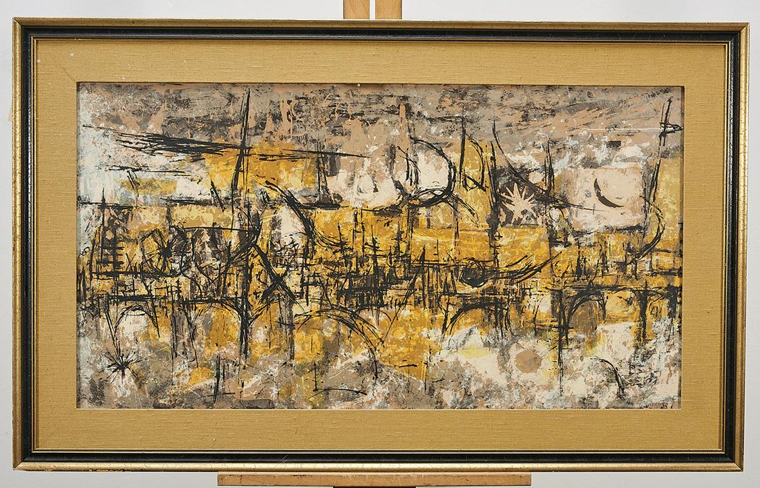 Abstract Print by Dorothy Bowman: Abstract print by Dorothy Bowman; "Illuminated Pier" NO.3. Neutral ground palette with architectural linear design; pencil signed lower right; framed; 18" x 33 1/2" (sight, approx.) (not examined out
