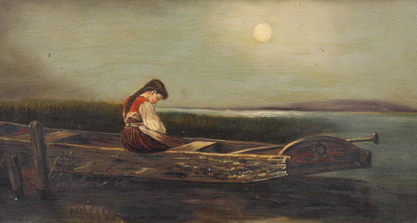 Oil/Board Moonscape, Unattributed: Oil on board, unattributed, moonscape child on boat, framed; overall good condition, age wear, surface wear, surface soiling; sight L 15 1/2" H 8 1/2" (Approx.) Provenance: The Stone Collection