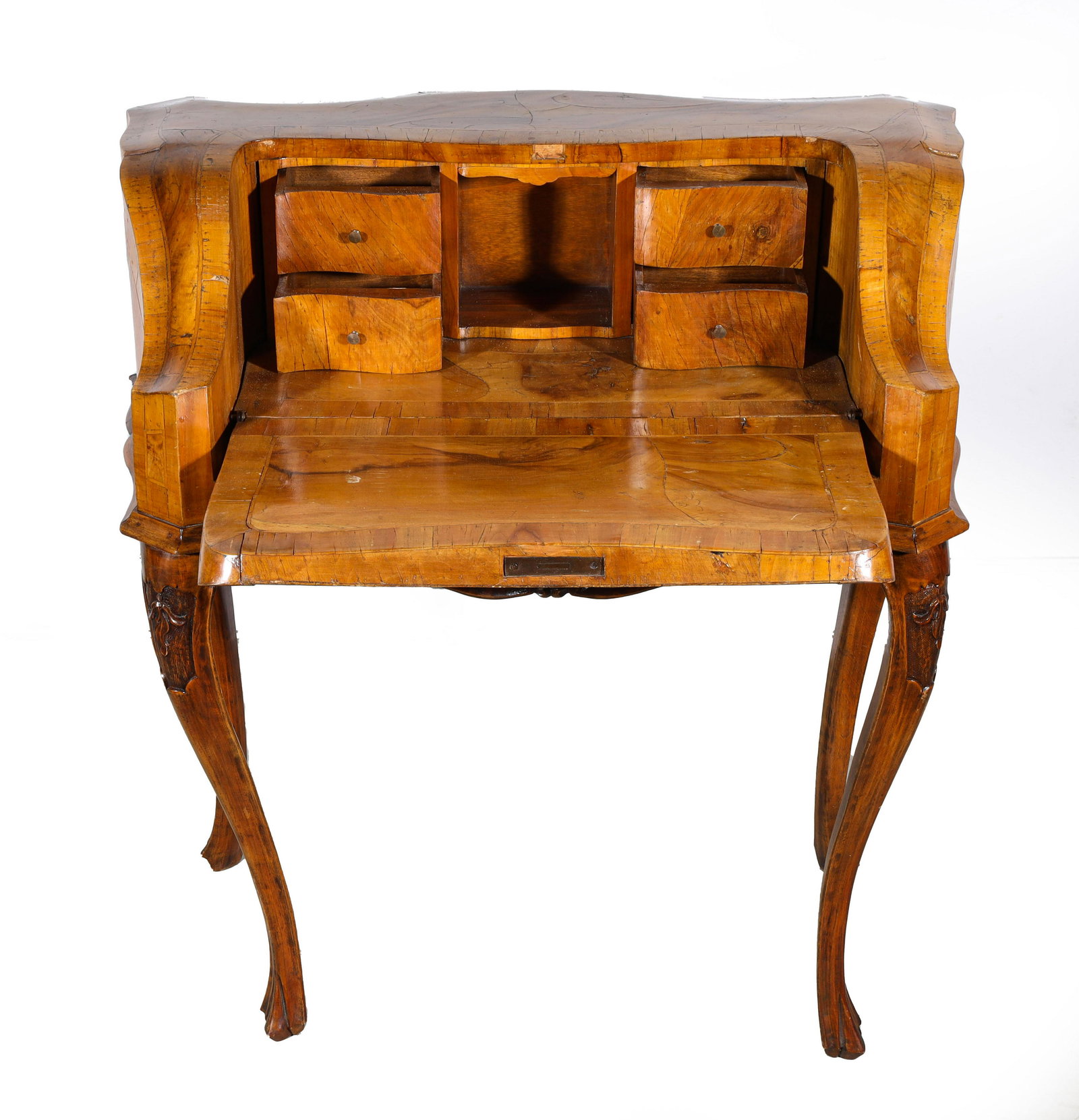 Antique French or Italian Burl Wood Marquetry Secretary Desk: Antique French or Italian burl wood marquetry desk with carved relief detail on legs; as is condition, age wear, surface wear, flaws, losses; L 32" W 18" H 35 1/2" (Approx.)