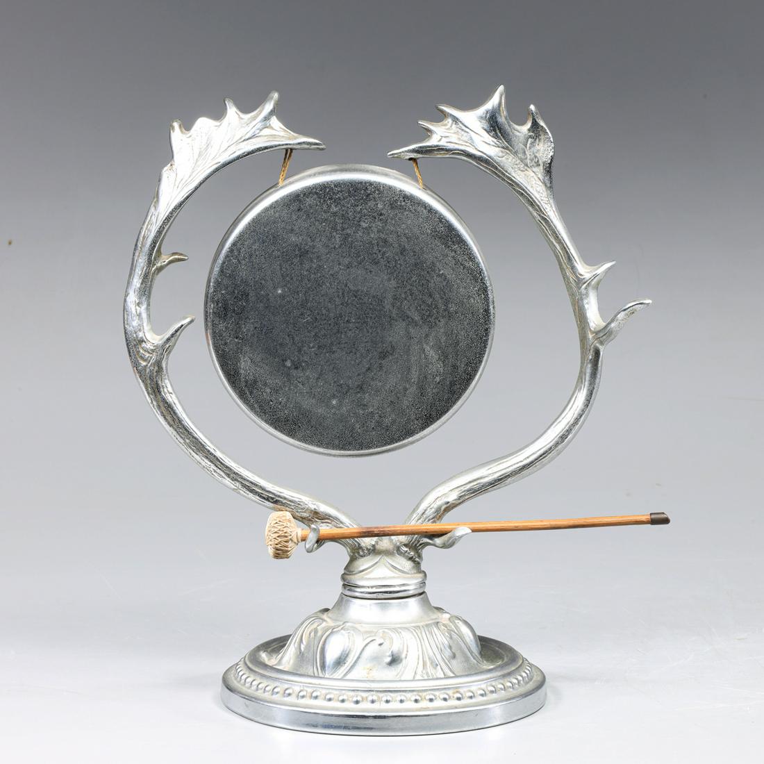 Vintage Silver Plate Antler Motif Gong: Vintage silver plate antler motif suspended gong with mallet; overall good condition, minor pitting, patina, age wear, surface wear, surface soiling; H 12" (Approx.) Provenance: The Stone Collection