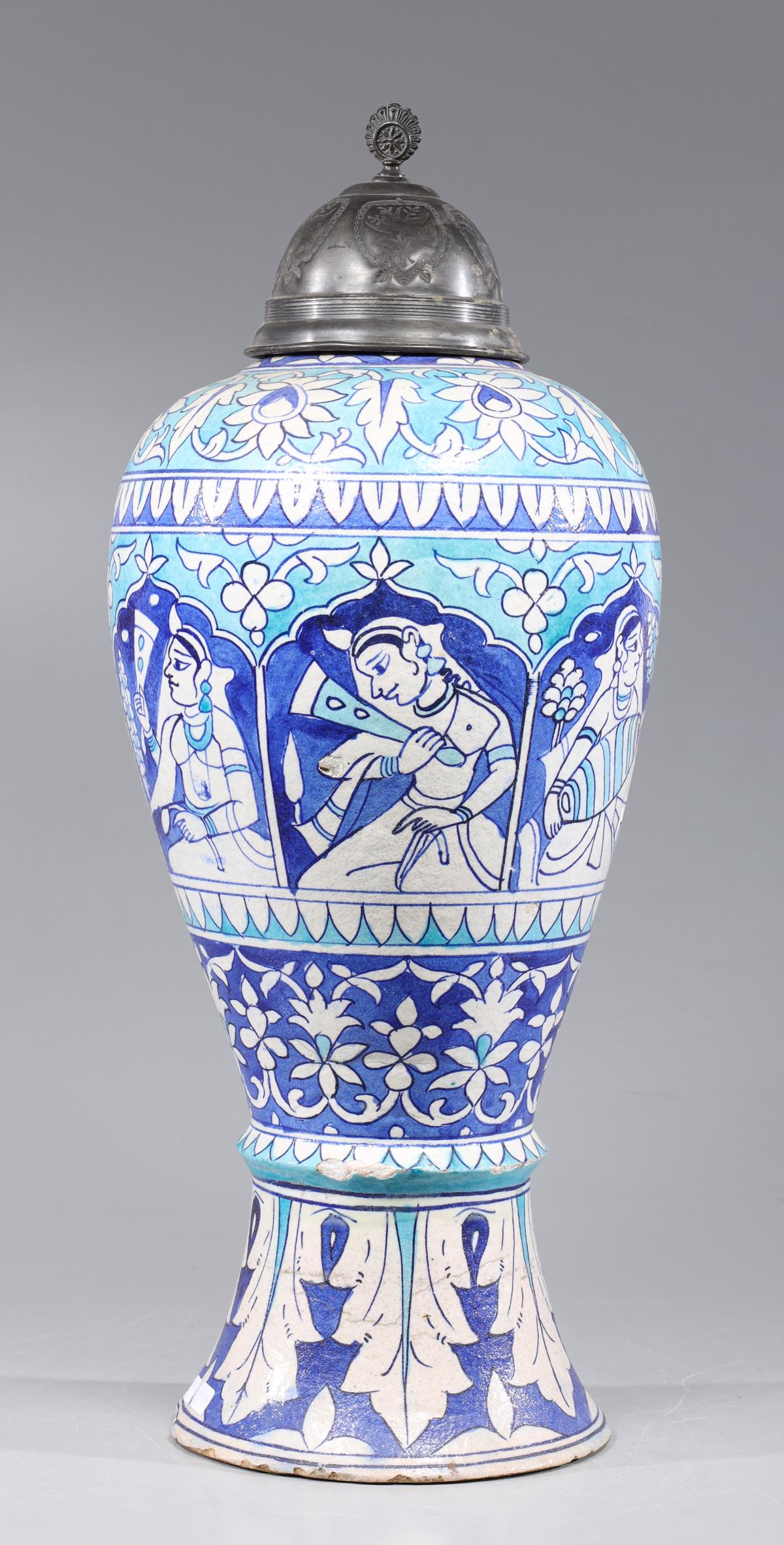 Large Persian Blue on White Covered Urn: Large Persian blue on white covered urn with figures within various cartouches; overall good condition, minor chips, flaws, losses, age wear, surface wear, surface soiling; H 24 1/2" (Approx.) Provena