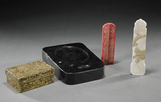 Four Various Chinese Pieces: Four Various Chinese Pieces Four various Chinese pieces, including: elaborate bronze dragon box, seal mark; black inkstone with dark green suffusions (chips); and two ink sticks: red and white (some w