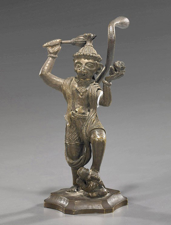 Indian/Southeast Asian Bronze Deity: Indian/Southeast Asian Bronze Deity Early 20th Century, Indian or Southeast Asian bronze figure of the monkey god Hanuman: standing on unusual base and with one foot atop a supplicant; carrying a ritu