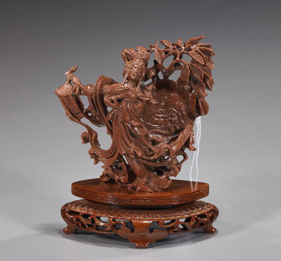 Chinese Carved "Gold Stone" Glass Beauty: Chinese Carved "Gold Stone" Glass BeautyChinese carved "gold stone" glass celestial beauty; standing among openwork foliate branches, wearing long flowing robes and carrying a rabbit in one hand, a la