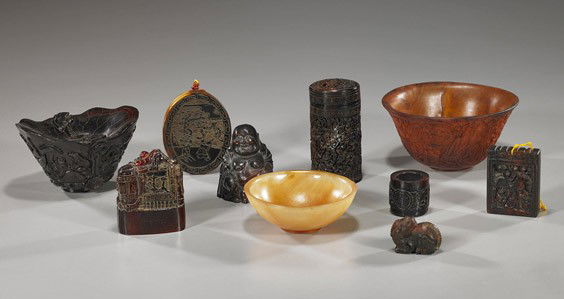 Collection of Chinese Carved Horn Pieces: Collection of Chinese Carved Horn PiecesCollection of Chinese carved horn pieces, including: 2 bowls, one with continuous landscape; rhino-like libation cup with design of fish and crane above waves,