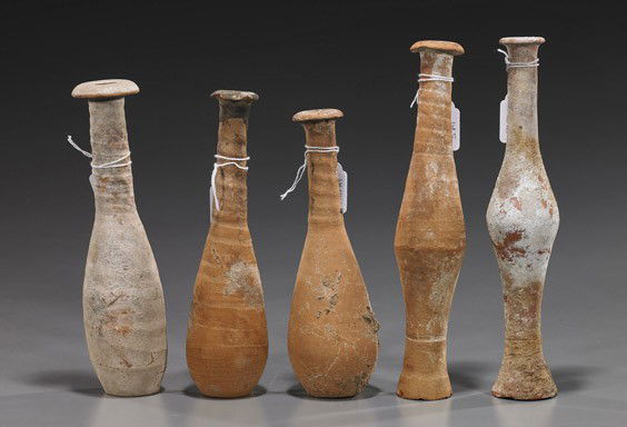 Group of 5 Ancient Pottery Amphoras: Group of 5 Ancient Pottery AmphorasGroup of 5, ancient Roman/Romano-Egyptian pottery amphoras; each of long thin form and various shapes (usual wear & rim chips to some); H: 9 1/2" (largest)