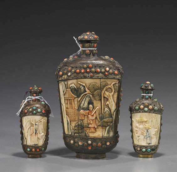 Three Antique Chinese Snuff Bottles: Group of 3 Antique Chinese Snuff Bottles Group of 3 antique Chinese, Mongolian-type snuff bottles; each with carved and polychromed bone figural panels to the front and back in "jeweled" metal mounts 