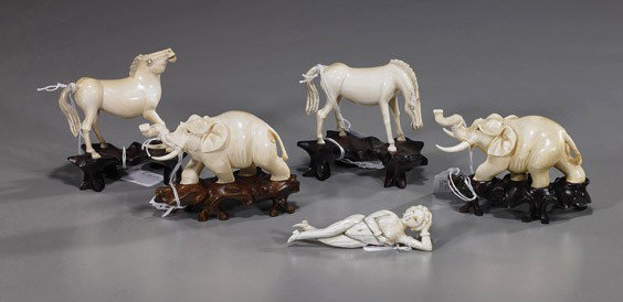 Group of Various Chinese Carved Ivories: Group of Various Chinese Carved Ivories Group of 5 various Chinese carved ivories, including: 2 horses; 2 elephants with trunks up and small doctor's lady (some crazing); L: 4 1/4", 4 with wood stands
