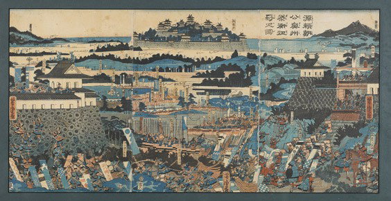 Woodblock Print Triptych & Silk Panel: Woodblock Print Triptych & Silk Panel Antique Japanese woodblock print triptych, depicting a battle scene outside a walled city (as-is); together with an early 20th Century Chinese embroidered silk pa