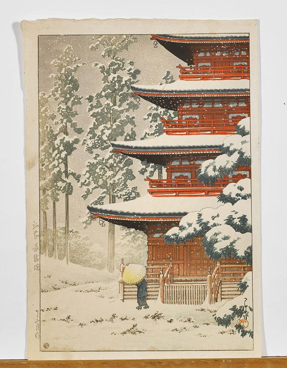 Two Japanese Woodblock Prints: Two Signed Japanese Woodblock Prints Two Japanese woodblock prints: snow scene of a building and figure by Hasui (1883 - 1957), signed (lightly toned); together with a night scene by or after Hiroshig